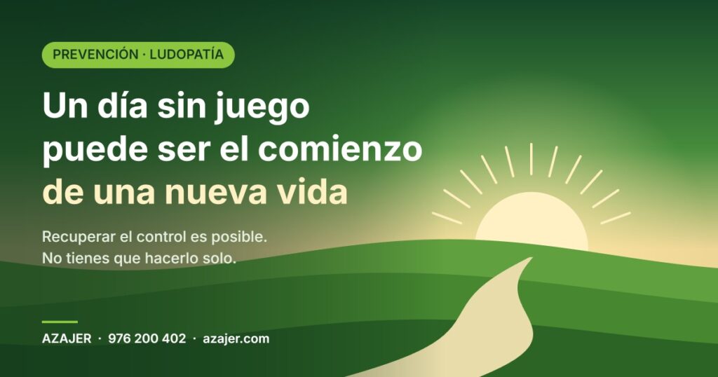 Amanecer sobre un camino entre colinas verdes con el lema "Un día sin juego puede ser el comienzo de una nueva vida"